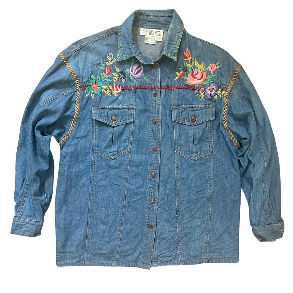 90s Vintage Oversized Western Denim Embroidered Flowers Cowgirl Cottagecore SM - Picture 1 of 10